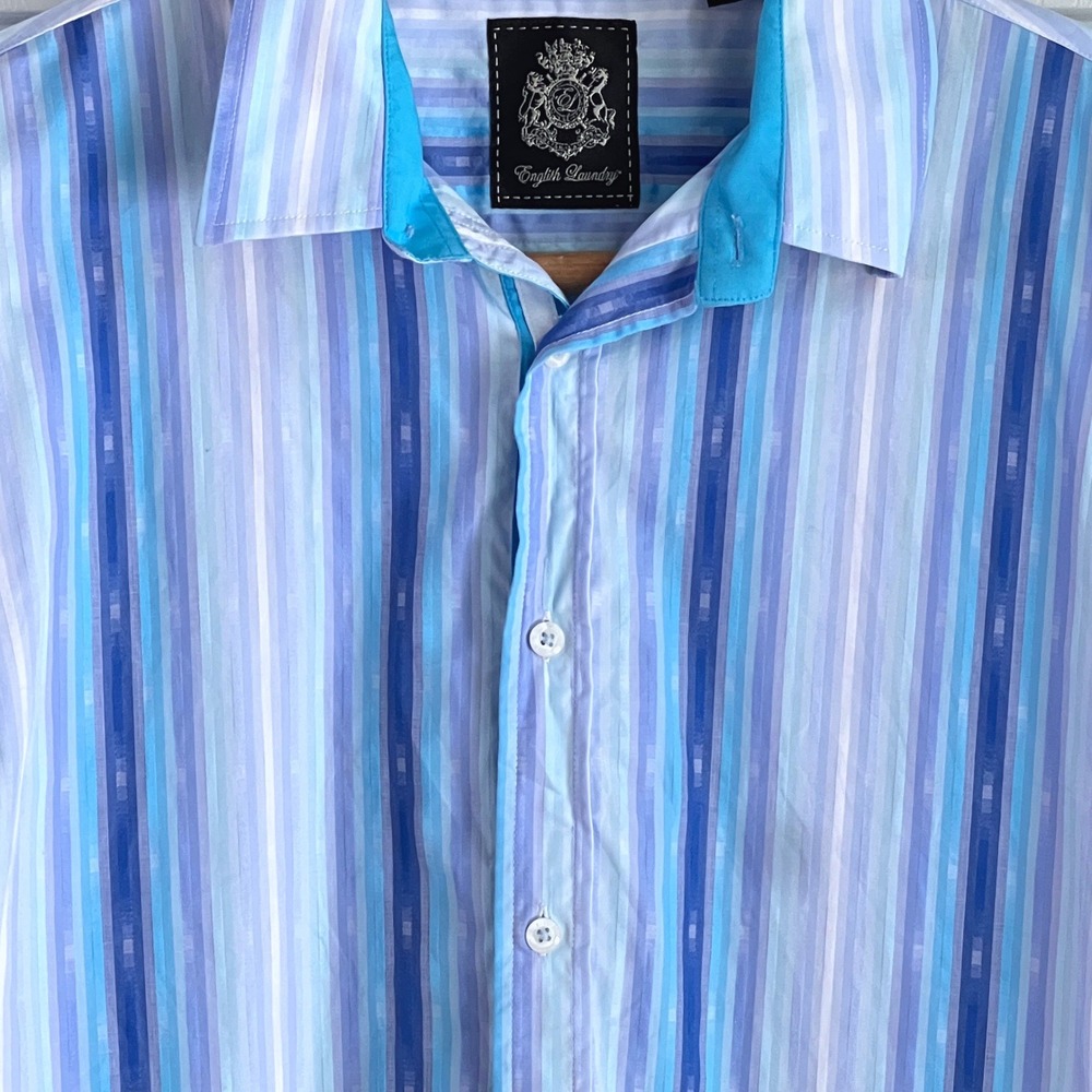 English Laundry Button Down Shirt Large Mens Striped Long Sleeve Blue Mod Dandy